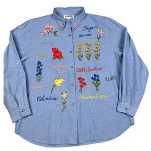 UNIQUE Alfred Dunner Womens Blue Embroidered Floral Button Down Shirt Size 18